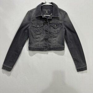 Miss Me Jean Jacket Women's Medium Gray Wash Lace Cropped Long Sleeve Bling EUC